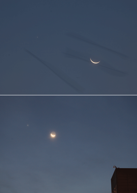 明け方の月、木星、カラス